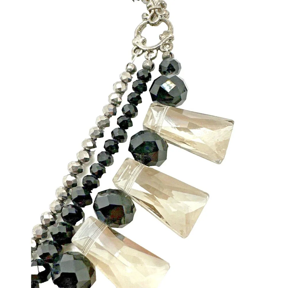 Vintage Crystal Collar Necklace Black Smoky Bead Multi Strand Statement 18